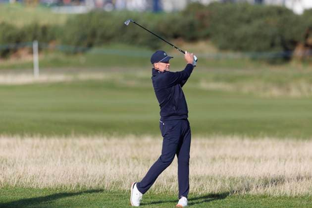 28th September 2026; The Old Course, St Andrews Links, St Andrews, Scotland; DP World Tour Golf, Alfred Dunhill Links Championship, Practice Day; Ian Poulter of England plays a shot from the rough on the seventeenth hole during a practice round DavidxYoung