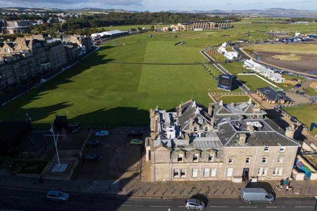 28th September 2026; The Old Course, St Andrews Links, St Andrews, Scotland; DP World Tour Golf, Alfred Dunhill Links Championship, Practice Day; An aerial view of of the first and eighteenth holes DavidxYoung