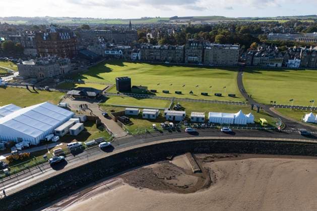 28th September 2026; The Old Course, St Andrews Links, St Andrews, Scotland; DP World Tour Golf, Alfred Dunhill Links Championship, Practice Day; An aerial view of of the first and eighteenth holes DavidxYoung