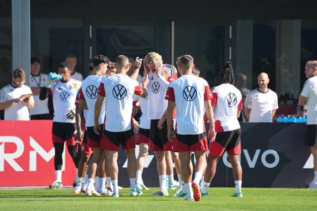 Nick Woltemade (Germany) lost the practice game and got hit in the ear at Herzo Base on September 30, 2026. German National Team Nations League Preparation, Home Ground, HerzoBase, World of Adidas, Herzogenaurach