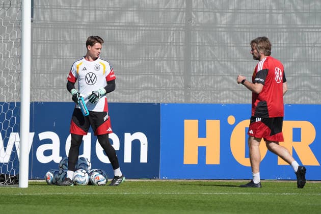 Goalie Jonas Urbig (Germany) with Goalie Coach Stefan Wessels (Germany) at HerzoBase on September 30, 2026: German National Team Nations League Preparation, Home Ground, HerzoBase, World of Adidas, Herzogenaurach