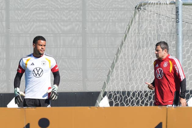 Goalkeeper Noah Atubolu (Germany) was training on his own, just as he had before the other two games, while Marc-André ter Stegen and goalkeeper Alexander Nübel (Germany)—who were then selected to play—were at HerzoBase on September 30, 2026, as part of the German national team’s Nations League preparations, Home Ground, HerzoBase, World of Adidas, Herzogenaurach