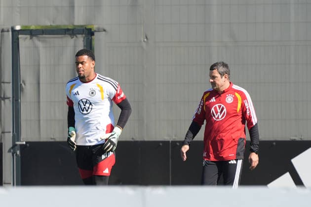Goalkeeper Noah Atubolu (Germany) in individual training, just as he did before the other two games featuring Marc-André ter Stegen and goalkeeper Alexander Nübel (Germany), who were then called into action. HerzoBase, September 30, 2026: German National Team Nations League preparation, Home Ground, HerzoBase, World of Adidas, Herzogenaurach