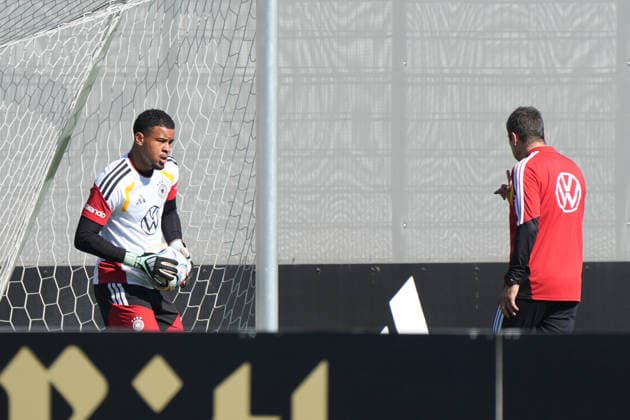 Goalkeeper Noah Atubolu (Germany) in individual training, just as he did before the other two games featuring Marc-André ter Stegen and goalkeeper Alexander Nübel (Germany), who were then called into action. HerzoBase, September 30, 2026: German National Team Nations League preparation, Home Ground, HerzoBase, World of Adidas, Herzogenaurach