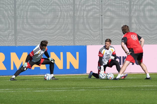 Goalie Jonas Urbig, Germany; Goalie Finn Dahmen, Germany, with Goalie Coach Stefan Wessels, Germany, at HerzoBase on September 30, 2026—German National Team Nations League Preparation, Home Ground, HerzoBase, World of Adidas, Herzogenaurach