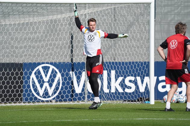 Goalie Jonas Urbig (Germany) with Goalie Coach Stefan Wessels (Germany) at HerzoBase on September 30, 2026: German National Team Nations League Preparation, Home Ground, HerzoBase, World of Adidas, Herzogenaurach