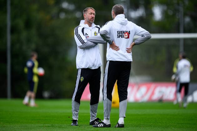 September 30, 2026: Head Coach Graham Potter and Assistant Coach Andreas Georgson of the Swedish men s national soccer team at a training session on September 30, 2026 in Stockholm. Photo by Jesper Zerman, BILDBYRAN, code JZ JZ0762: soccer, football, fotball, Nations League, UEFA Nations League, training, practice, Sweden, Sweden A, bbeng Copyright: JESPERxZERMAN BB260930JZ015