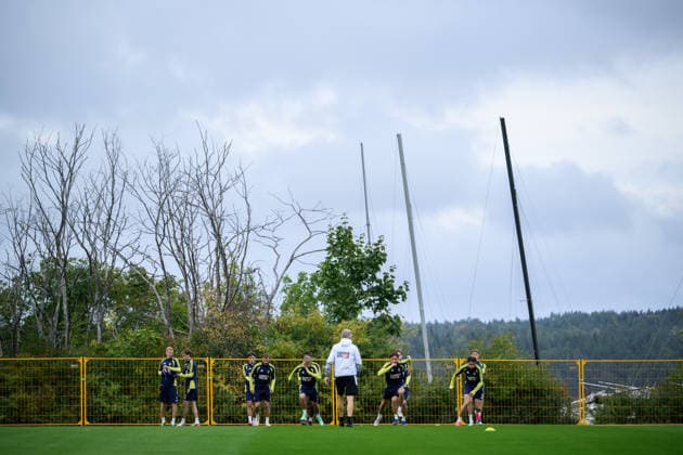 September 30, 2026: Hugo Larsson, Hampus Skoglund, John Mellberg, Jesper Karlström, Sebastian Nanasi, Alexander Bernhardsson, and Elliot Stroud of the Swedish men’s national soccer team at a training session on September 30, 2026 in Stockholm. Photo by Jesper Zerman, BILDBYRAN, code JZ JZ0762: soccer, football, Fotball, Nations League, UEFA Nations League, training, practice, Sweden, Sverige, Sverige A, bbeng Copyright: JESPERxZERMAN BB260930JZ028