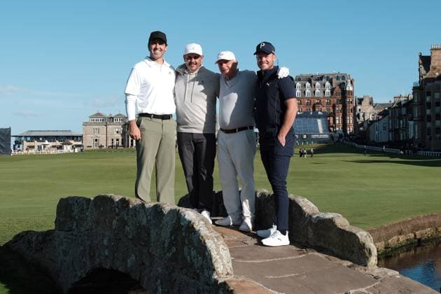 UK: The Alfred Dunhill Links Championship at The Old Course, St Andrews, Scotland on 30 September 2026: Pictured: (left to right) Musician and entertainer Kelley James, Executive VP of Discovery Land JJ Dudum, Board Director of Troon Jimmy Dunne and Danny Willet (England) on the Swilcan Bridge on the 18th fairway at the Old Course, St Andrews during a practice round at the Alfred Dunhill Links Championship 2026 St Andrews The Old Course Scotland Scotland Copyright: xAlexxToddx