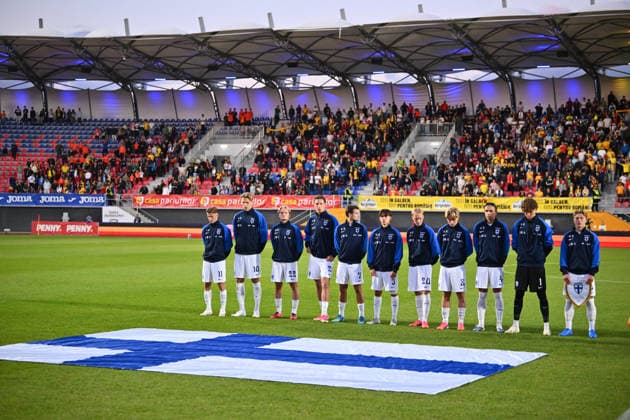 Romania v Finland, U21, U 21 Finland playrers react during the European Under-21 Championship 2027, Qualifying round game between Romania and Finland at Eugen Popescu stadium in Targoviste, Romania, 30 September 2026. ALEX NICODIM Imago Images Copyright: xAlexxNicodimx
