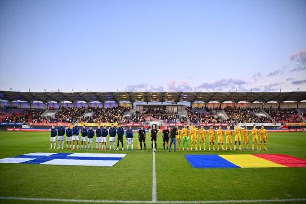 Romania v Finland, U21, U 21 Finland playrers react during the European Under-21 Championship 2027, Qualifying round game between Romania and Finland at Eugen Popescu stadium in Targoviste, Romania, 30 September 2026. ALEX NICODIM Imago Images Copyright: xAlexxNicodimx
