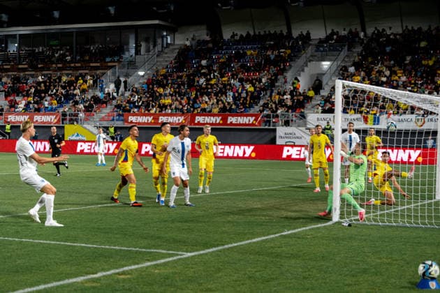 Romania v Finland, U21, U 21 Luka Hyrylainen scores his side first goal during the European Under-21 Championship 2027, Qualifying round game between Romania and Finland at Eugen Popescu stadium in Targoviste, Romania, 30 September 2026. ALEX NICODIM Imago Images Copyright: xAlexxNicodimx