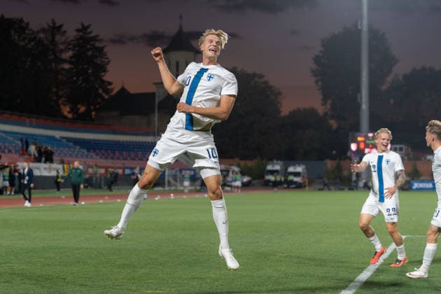 Romania v Finland, U21, U 21 Luka Hyrylainen celebrates after scoring his side first goal during the European Under-21 Championship 2027, Qualifying round game between Romania and Finland at Eugen Popescu stadium in Targoviste, Romania, 30 September 2026. ALEX NICODIM Imago Images Copyright: xAlexxNicodimx