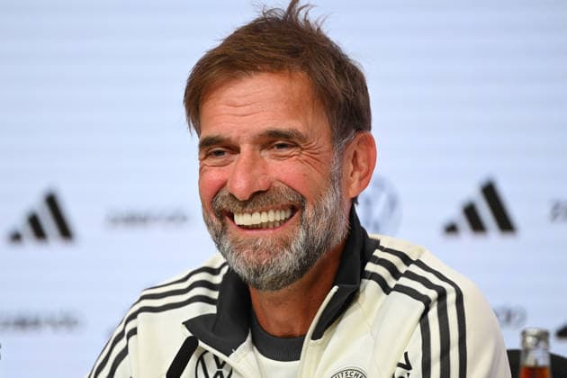 German National Team Coach Juergen KLOPP GER, laughing, laughs, laughing, optimistic, in a good mood, single frame, cropped single shot, portrait, Press conference on September 30, 2026, UEFA Nations League group stage, Group B, Matchday 3: Germany (GER) vs. Serbia (SRB) on October 1, 2026, ALLIANZ ARENA