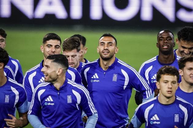 THESSALONIKI , 30-09-2026 , Toumba Stadium , season 2026 2027 , UEFA Nations League football , Picture shows Greece player Vangelis Pavlidis during the press conference, PK, Pressekonferenz md-1 and training Press conference Greece and training in Thessaloniki x207758844x Copyright: