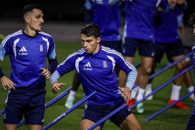 THESSALONIKI , 30-09-2026 , Toumba Stadium , season 2026 2027 , UEFA Nations League football , Picture shows Greece player Tasos Douvikas during the press conference, PK, Pressekonferenz md-1 and training Press conference Greece and training in Thessaloniki x207758847x Copyright: