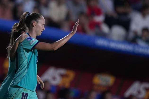 Barcellona s Caroline Graham Hansen celebrates after scoring during the Uefa Women™s Champions League soccer match between Roma and Barcellona at the Rome s Tre Fontane stadium, Italy - Wednesday September 30, 2026 - Soccer ( Photo by Alfredo Falcone LaPresse )  Copyright: xAlfredoxFalcone LaPressex