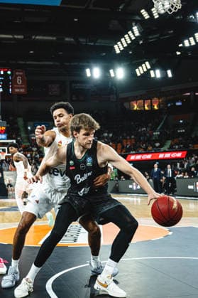 Michael Rataj of ratiopharm Ulm and Ivan Alipiev of Balkan Botevgrad battle for the ball during the 2026–2027 BKT EuroCup match between ratiopharm Ulm and Balkan Botevgrad at the ratiopharm Arena on September 30, 2026 in Neu Ulm, Germany. Photo by Harry Langer, DeFodi Images