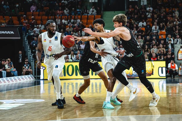 Oluwasimisola Shittu of ratiopharm ulm, Ibi Watson of ratiopharm ulm and Ivan Alipiev of Balkan Botevgrad battle for the ball during the BKT EuroCup 2026–2027 match between ratiopharm ulm and Balkan Botevgrad at ratiopharm Arena on September 30, 2026 in Neu Ulm, Germany. Photo by Harry Langer, DeFodi Images