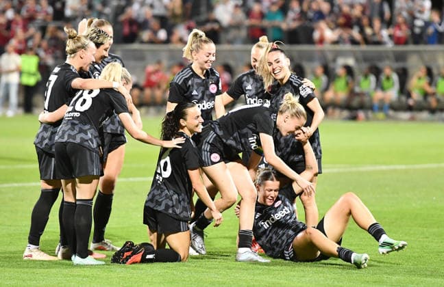 September 30, 2026, xhbx, Soccer UEFA Women s Europa Cup Qualifiers, Eintracht Frankfurt vs. Fimleikafelag Hafnarfjördur, Goal celebration, celebrating the 1-1 goal by Larissa Mühlhaus, Eintracht Frankfurt Women s Team, Frankfurt