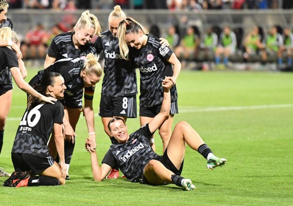 September 30, 2026, xhbx, Soccer UEFA Women s Europa Cup Qualifiers, Eintracht Frankfurt vs. Fimleikafelag Hafnarfjördur, Goal celebration, celebrating the 1-1 goal by Larissa Mühlhaus, Eintracht Frankfurt Women s Team, Frankfurt