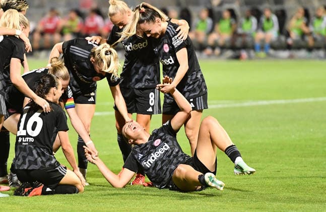September 30, 2026, xhbx, Soccer UEFA Women s Europa Cup Qualifiers, Eintracht Frankfurt vs. Fimleikafelag Hafnarfjördur, Goal celebration, celebrating the 1-1 goal by Larissa Mühlhaus, Eintracht Frankfurt Women s Team, Frankfurt