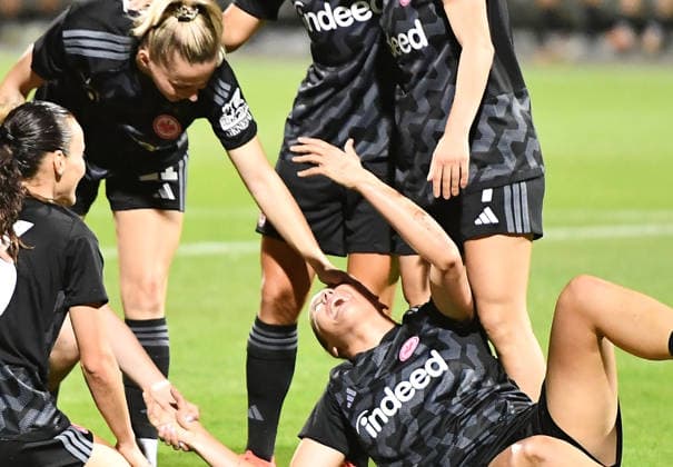 September 30, 2026, xhbx, Soccer UEFA Women s Europa Cup Qualifiers, Eintracht Frankfurt vs. Fimleikafelag Hafnarfjördur – Goal celebration, celebrating the goal (1-1) scored by Larissa Mühlhaus, Eintracht Frankfurt Women s Team, Frankfurt