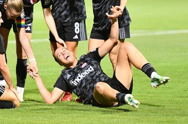 September 30, 2026, xhbx, Soccer UEFA Women s Europa Cup Qualifiers, Eintracht Frankfurt vs. Fimleikafelag Hafnarfjördur – Goal celebration, celebrating the goal (1-1) scored by Larissa Mühlhaus, Eintracht Frankfurt Women s Team, Frankfurt
