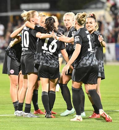 September 30, 2026, xhbx, Soccer, UEFA Women s Europa Cup Qualifiers, Eintracht Frankfurt vs. Fimleikafelag Hafnarfjördur, Goal celebration, celebrating the 2-1 goal by Laura Freigang, Eintracht Frankfurt Women s Team, Frankfurt