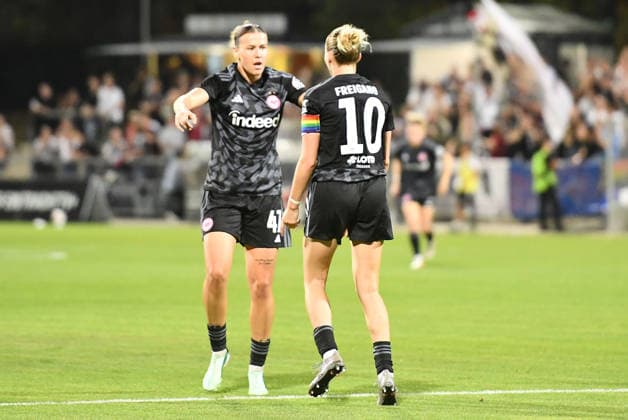 September 30, 2026, xhbx, Soccer, UEFA Women s Europa Cup Qualifiers, Eintracht Frankfurt vs. Fimleikafelag Hafnarfjördur, Goal celebration, celebrating the goal, 2-1, Larissa Mühlhaus (Eintracht Frankfurt Women), Laura Freigang (Eintracht Frankfurt Women), Frankfurt