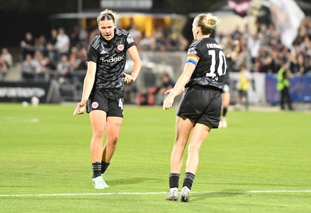 September 30, 2026, xhbx, Soccer, UEFA Women s Europa Cup Qualifiers, Eintracht Frankfurt vs. Fimleikafelag Hafnarfjördur, Goal celebration, celebrating the goal, 2–1, Larissa Mühlhaus (Eintracht Frankfurt Women s Team), Laura Freigang (Eintracht Frankfurt Women s Team), Frankfurt
