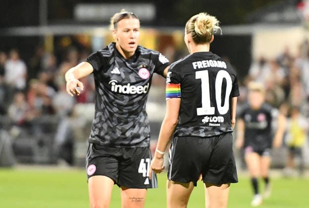 September 30, 2026, xhbx, Soccer UEFA Women s Europa Cup Qualifiers, Eintracht Frankfurt vs. Fimleikafelag Hafnarfjördur, Goal celebration, celebrating the goal 2-1 Larissa Mühlhaus, Eintracht Frankfurt Women s Team; Laura Freigang, Eintracht Frankfurt Women s Team, Frankfurt