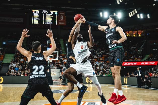 Konstantin Toshkov of Balkan Botevgrad, Oluwasimisola Shittu of ratiopharm Ulm and Aleksandar Stoimenov of Balkan Botevgrad battle for the ball during the BKT EuroCup 2026–2027 match between ratiopharm Ulm and Balkan Botevgrad at the ratiopharm Arena on September 30, 2026 in Neu Ulm, Germany. Photo by Harry Langer, DeFodi Images