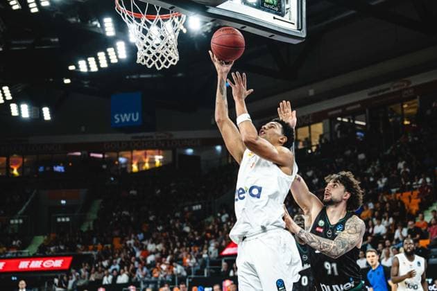 Michael Rataj of ratiopharm Ulm and Ivan Spirov of Balkan Botevgrad battle for the ball during the 2026–2027 BKT EuroCup match between ratiopharm Ulm and Balkan Botevgrad at the ratiopharm Arena on September 30, 2026 in Neu Ulm, Germany. Photo by Harry Langer, DeFodi Images