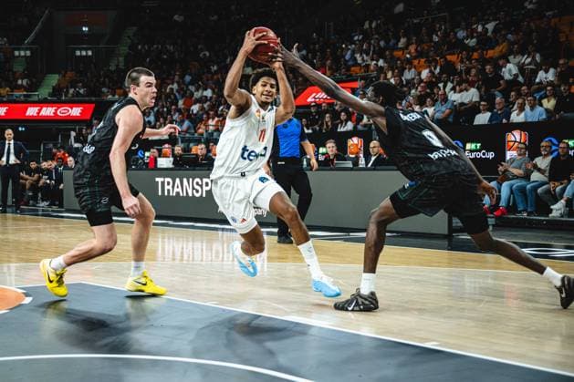 Alexander Ducas, Balkan Botevgrad, Meissa Faye of ratiopharm Ulm and Wena David Okwera of Balkan Botevgrad battle for the ball during the 2026–2027 BKT EuroCup match between ratiopharm Ulm and Balkan Botevgrad at ratiopharm Arena on September 30, 2026 in Neu Ulm, Germany. Photo by Harry Langer, DeFodi Images