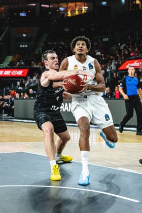 Alexander Ducas of Balkan Botevgrad and Meissa Faye of ratiopharm ulm battle for the ball during the 2026–2027 BKT EuroCup match between ratiopharm ulm and Balkan Botevgrad at ratiopharm Arena on September 30, 2026 in Neu Ulm, Germany. Photo by Harry Langer, DeFodi Images