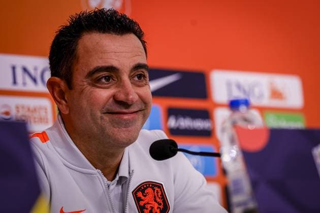 THESSALONIKI , 30-09-2026 , Toumba Stadium , season 2026 2027 , UEFA Nations League football , Picture shows Netherlands trainer coach Xavi Hernandez during the press conference, PK, Pressekonferenz md-1 Press conference Netherlands in Thessaloniki x207760037x Copyright: