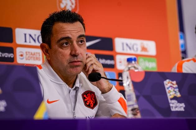 THESSALONIKI , 30-09-2026 , Toumba Stadium , season 2026 2027 , UEFA Nations League football , Picture shows Netherlands trainer coach Xavi Hernandez during the press conference, PK, Pressekonferenz md-1 Press conference Netherlands in Thessaloniki x207760057x Copyright: