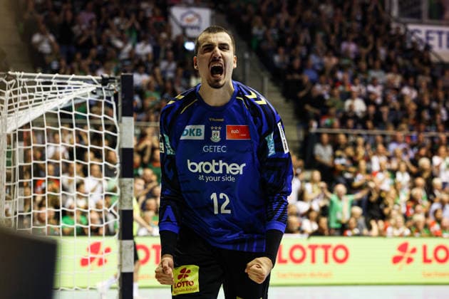 Goalkeeper Matej Mandic, SC Magdeburg, 12th round of the 2026–2027 Handball Bundesliga season: SC Magdeburg vs. THW Kiel at the GETEC Arena in Magdeburg; single frame, action, handball, Germany, September 30, 2026