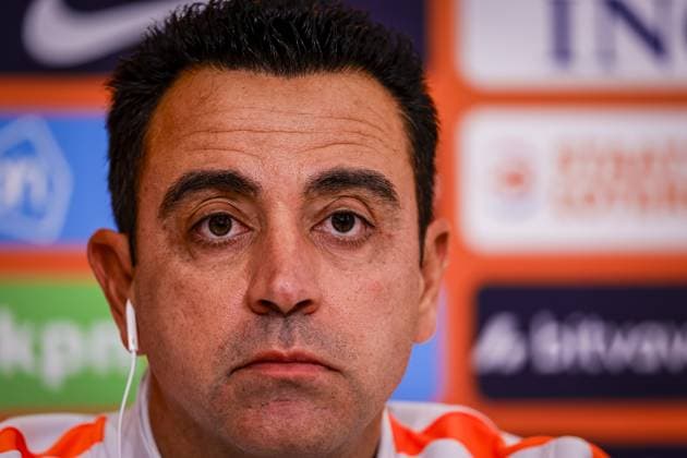 THESSALONIKI , 30-09-2026 , Toumba Stadium , season 2026 2027 , UEFA Nations League football , Picture shows Netherlands trainer coach Xavi Hernandez during the press conference, PK, Pressekonferenz md-1 Press conference Netherlands in Thessaloniki x207760066x Copyright: