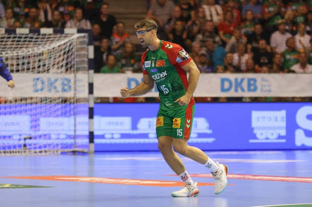September 30, 2026, xgox, Opel HBL Handball, SC Magdeburg vs. THW Kiel, emspor, from left: Antonio Serradilla Cuenca (Magdeburg), 15, celebration, goal celebration, celebrating the goal, Magdeburg celebration