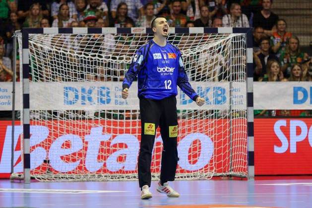 September 30, 2026, xgox, Opel HBL Handball, SC Magdeburg vs. THW Kiel, emspor, from left: Matej Mandic (Magdeburg), 12 celebrating a saved shot, blocked, saved, Magdeburg goalkeeper