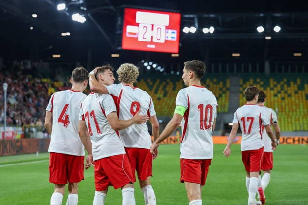 Katowice 30.09.2026. Football European Qualifiers match between Poland U21, U 21 and Sweden U21 in Katowice, Poland --- Mecz eliminacji do Mistrzostw Europy pomiedzy Polska U21 a Szwecja U21 w Katowicach, Polska Persons Shown : Polska U21 radosc, joy Fot. Michal Gaciarz Arena Akcji NEWSPIX.PL --- newspix.pl