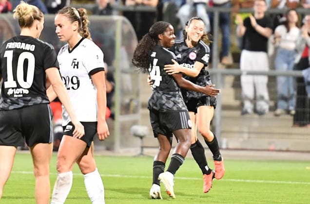 September 30, 2026, xhbx, Soccer UEFA Women s Europa Cup Qualifiers, Eintracht Frankfurt vs. Fimleikafelag Hafnarfjördur, Goal celebration, celebrating the goal 4–1 Vivienne Lia, Eintracht Frankfurt Women s Team; Hayley Raso, Eintracht Frankfurt Women s Team; Frankfurt