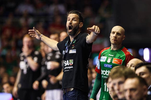Coach Bennet Wiegert of SC Magdeburg and Daniel Pettersson of SC Magdeburg, 11th round of the 2026–2027 Handball Bundesliga season: SC Magdeburg vs. THW Kiel at the GETEC Arena in Magdeburg, Germany, September 30, 2026