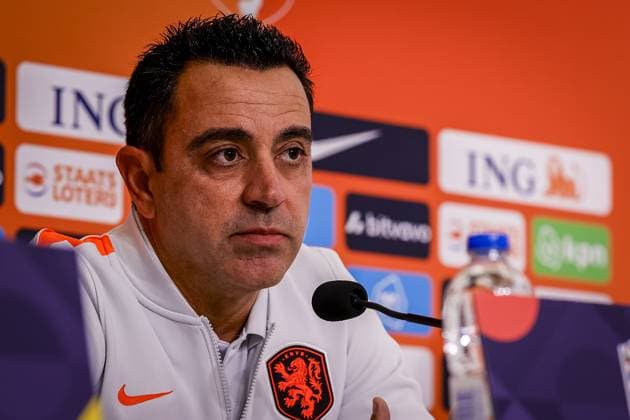 THESSALONIKI , 30-09-2026 , Toumba Stadium , season 2026 2027 , UEFA Nations League football , Picture shows Netherlands trainer coach Xavi Hernandez during the press conference, PK, Pressekonferenz md-1 Press conference Netherlands in Thessaloniki x207760212x Copyright: