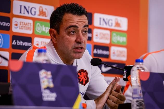 THESSALONIKI , 30-09-2026 , Toumba Stadium , season 2026 2027 , UEFA Nations League football , Picture shows Netherlands trainer coach Xavi Hernandez during the press conference, PK, Pressekonferenz md-1 Press conference Netherlands in Thessaloniki x207760220x Copyright: