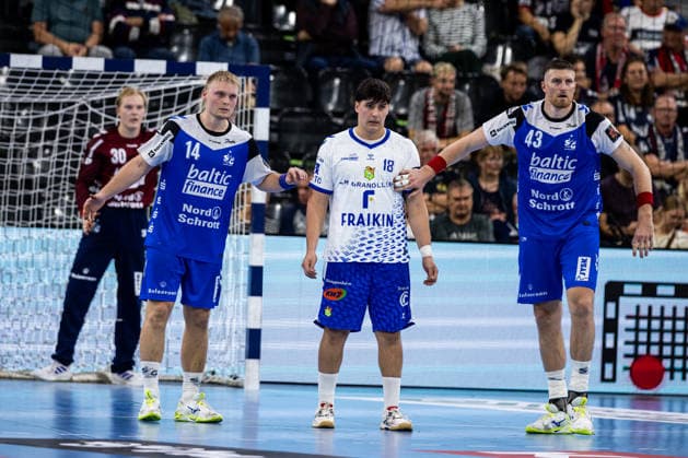 FLENSBURG, GERMANY - SEPTEMBER 30: Emil Siersbaek Bergholt (SG Flensburg-Handewitt, 14), Josep Ernest Armengol Garin (Fraikin BM. Granollers, 18), Blaz Blagotinsek (SG Flensburg-Handewitt, 43) during the EHF European League match between SG Flensburg-Handewitt vs Fraikin BM. Granollers at GGW Arena on matchday 1 of the Group Matches Group E on September 30, 2026 in Flensburg, Germany. Schleswig-Holstein Germany Copyright: xMarioxM.xKobergx