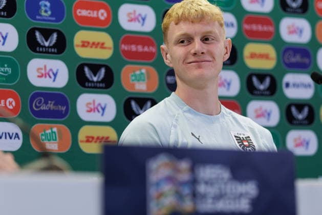 SOCCER - NL, IRL vs AUT DUBLIN,IRELAND,30.SEP.26 - SOCCER - UEFA Nations League, OEFB international match, Länderspiel, Nationalmannschaft Ireland vs Austria, preview, press conference, PK, Pressekonferenz team AUT. Image shows Nicolas Seiwald (AUT).  GEPAxpictures xArminxRauthner
