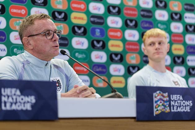 SOCCER - NL, IRL vs AUT DUBLIN,IRELAND,30.SEP.26 - SOCCER - UEFA Nations League, OEFB international match, Länderspiel, Nationalmannschaft Ireland vs Austria, preview, press conference, PK, Pressekonferenz team AUT. Image shows head coach Ralf Rangnick and Nicolas Seiwald (AUT).  GEPAxpictures xArminxRauthner